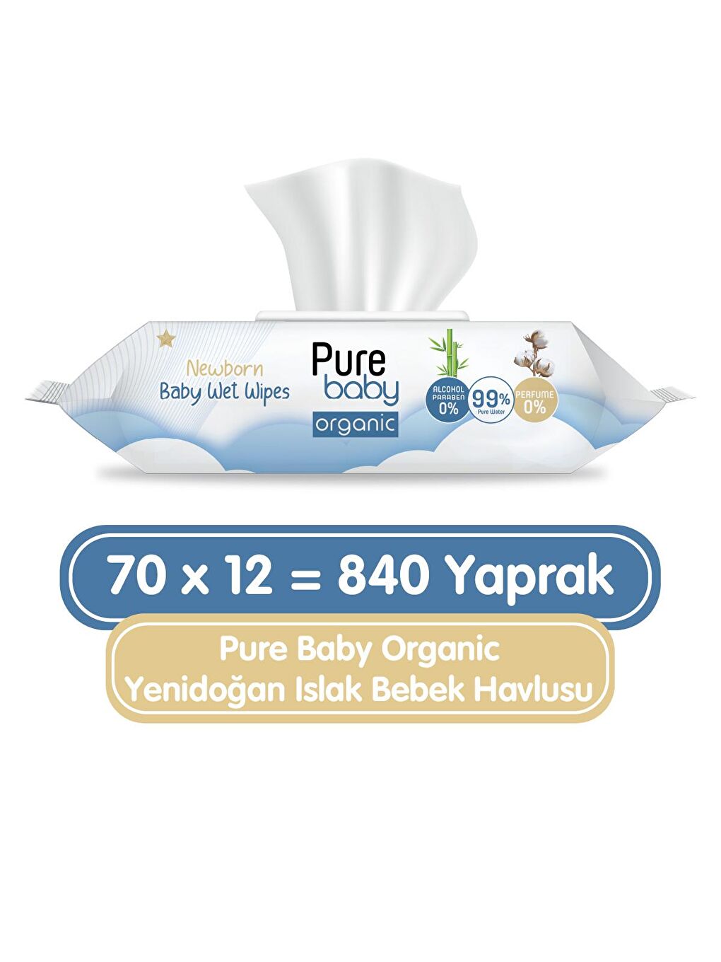 Pure Baby Renksiz Organic Yenidoğan Islak Havlu 12x70 (840 Yaprak)