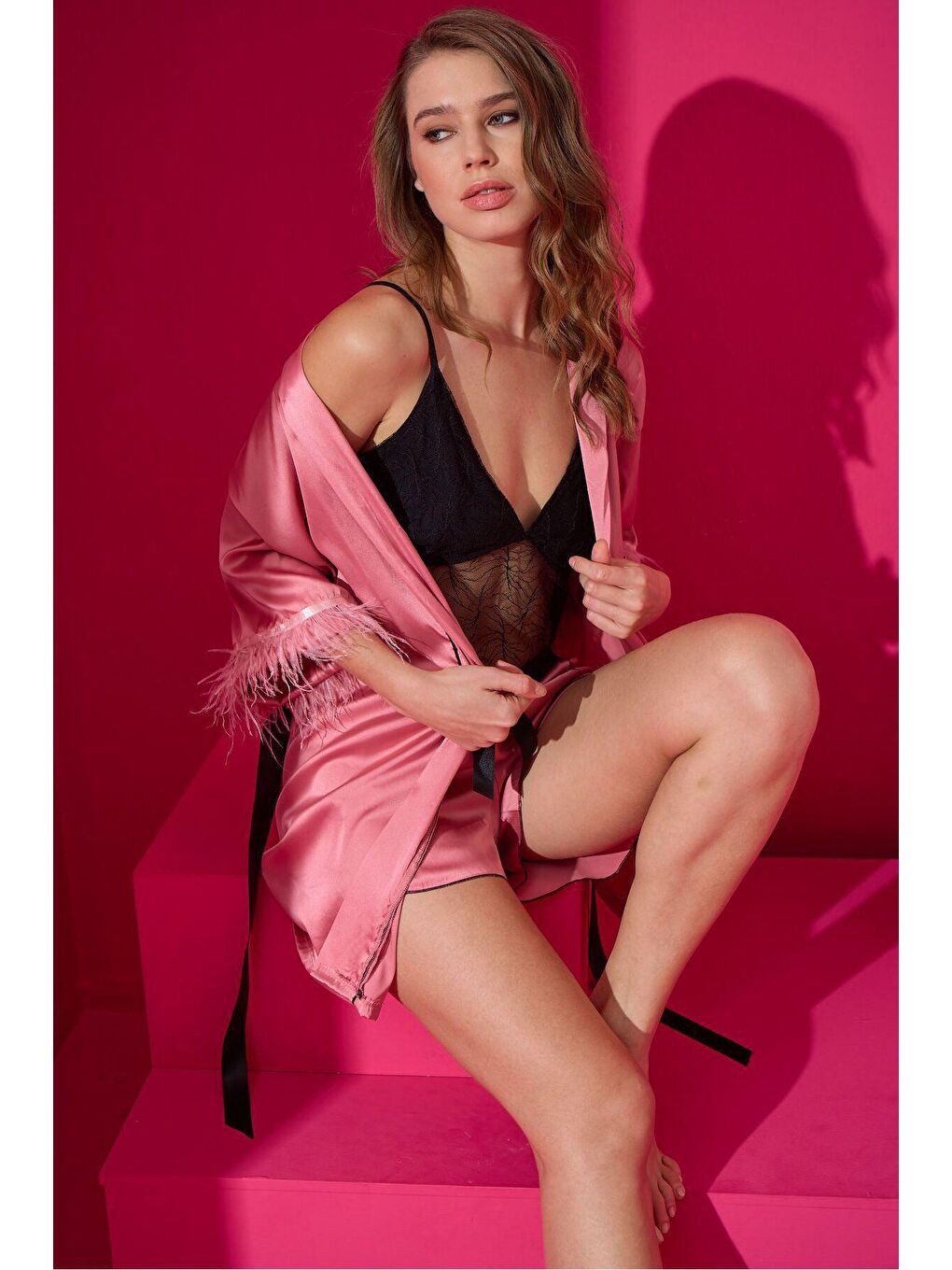 Pembe Saten Sabahlik Şort Takim 9502-5