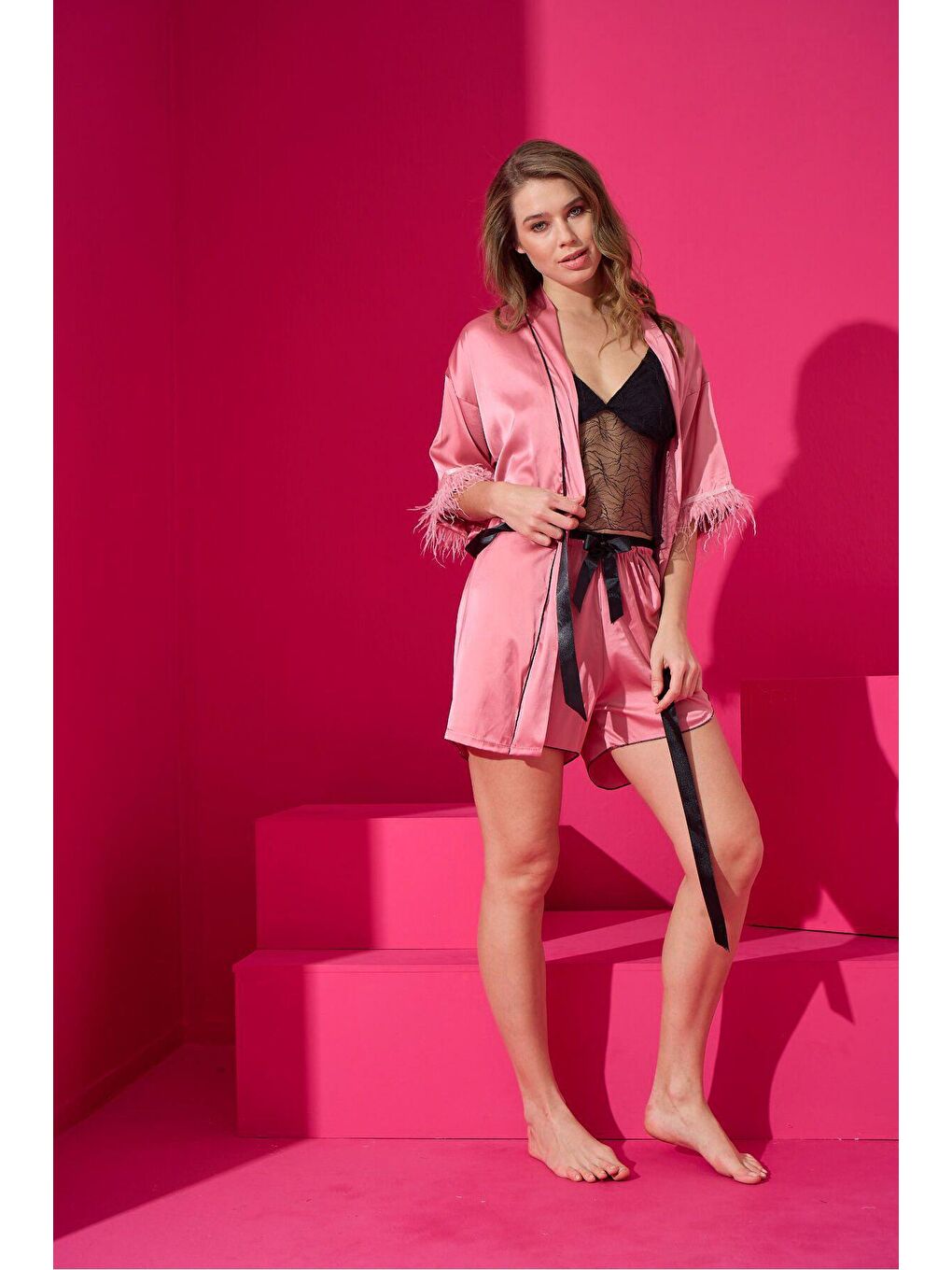 Pembe Saten Sabahlik Şort Takim 9502-5-1