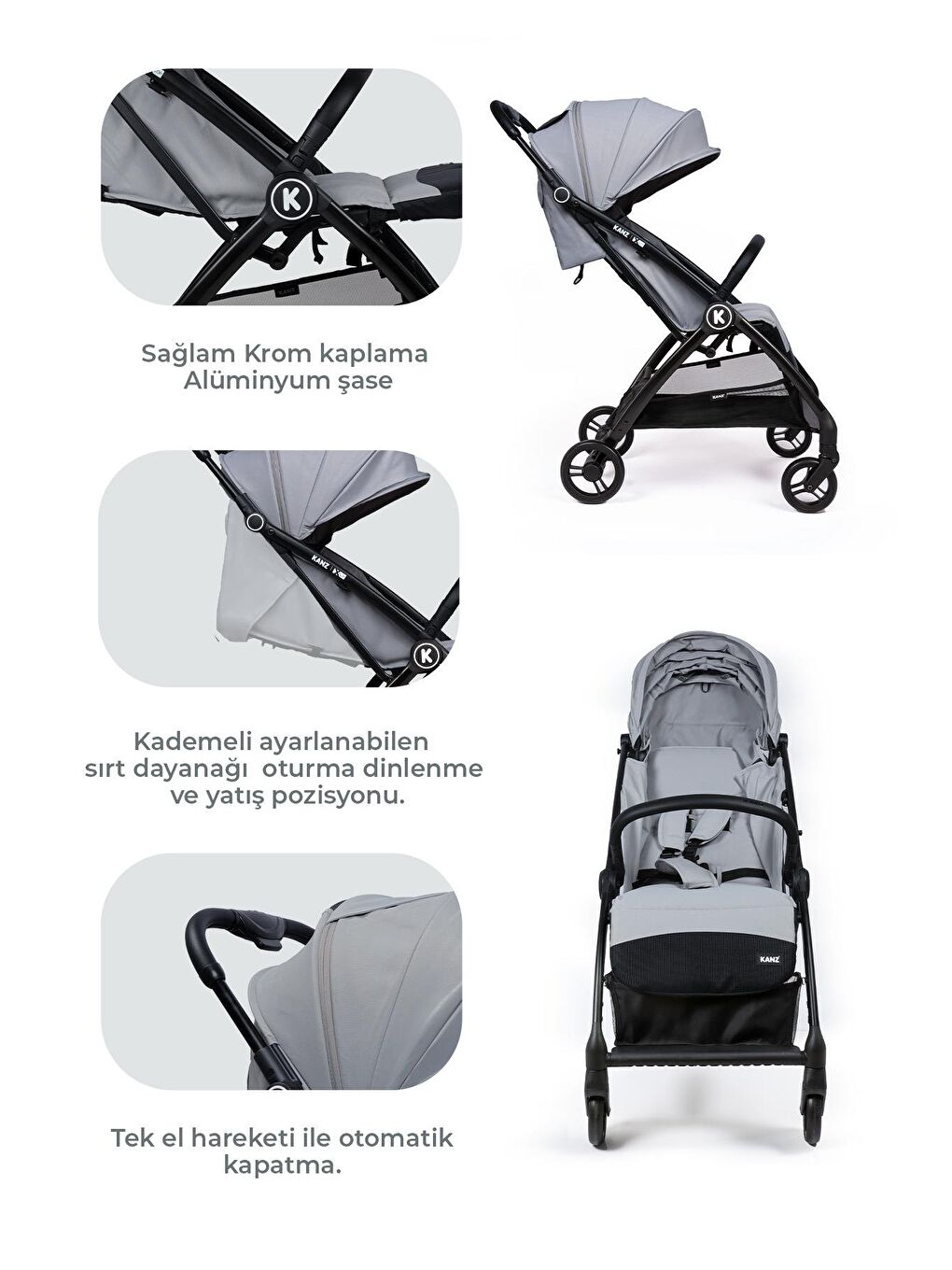 KANZ Xflop Autofold Kabin Boy Bebek Arabası Ultimate Grey - 6