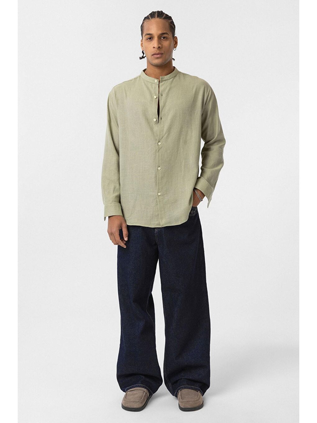 Hakim Yaka Oversize Uzun Kollu Pamuk Keten Gömlek Haki