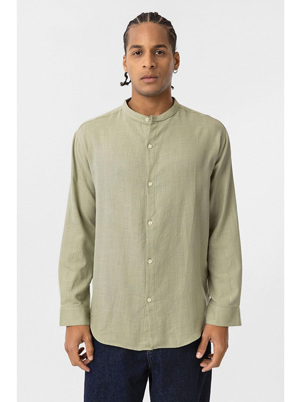 Hakim Yaka Oversize Uzun Kollu Pamuk Keten Gömlek Haki-1