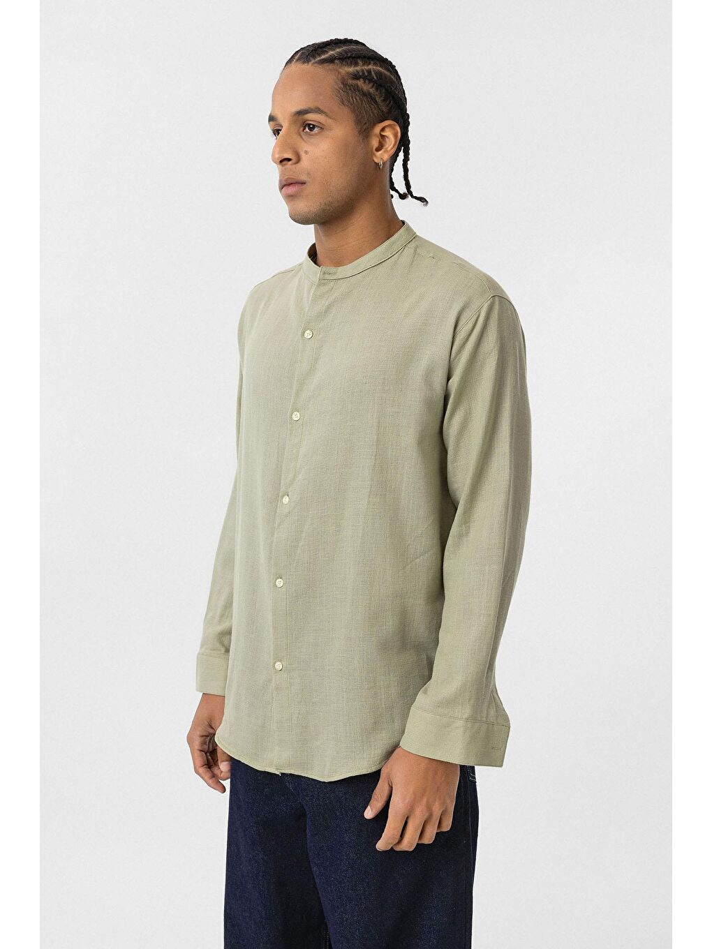 Hakim Yaka Oversize Uzun Kollu Pamuk Keten Gömlek Haki-2