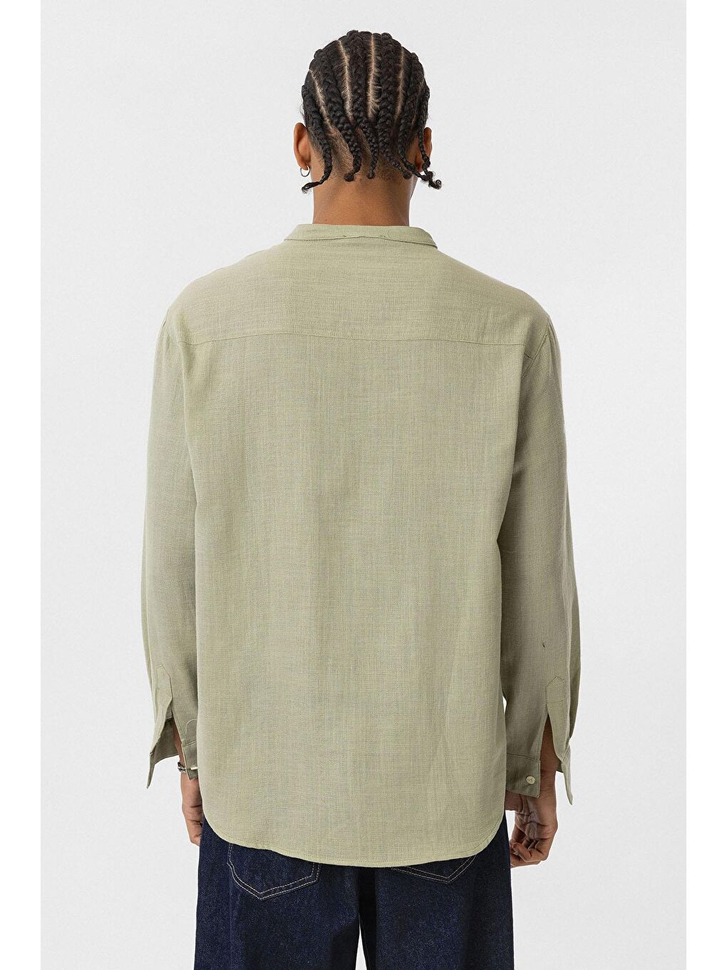 Hakim Yaka Oversize Uzun Kollu Pamuk Keten Gömlek Haki-3