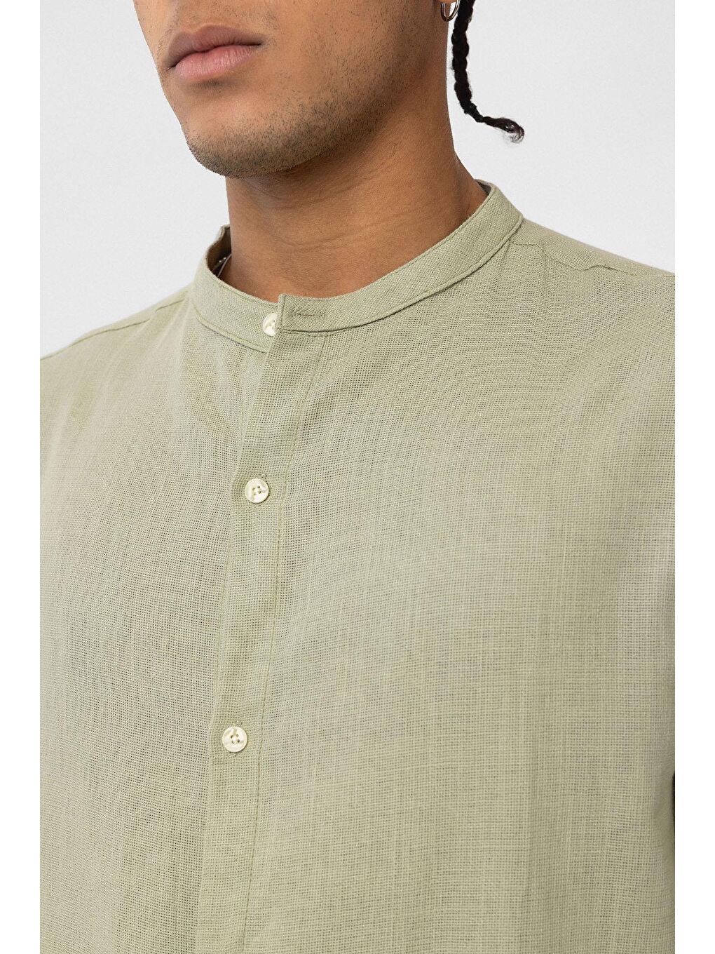 Hakim Yaka Oversize Uzun Kollu Pamuk Keten Gömlek Haki-4