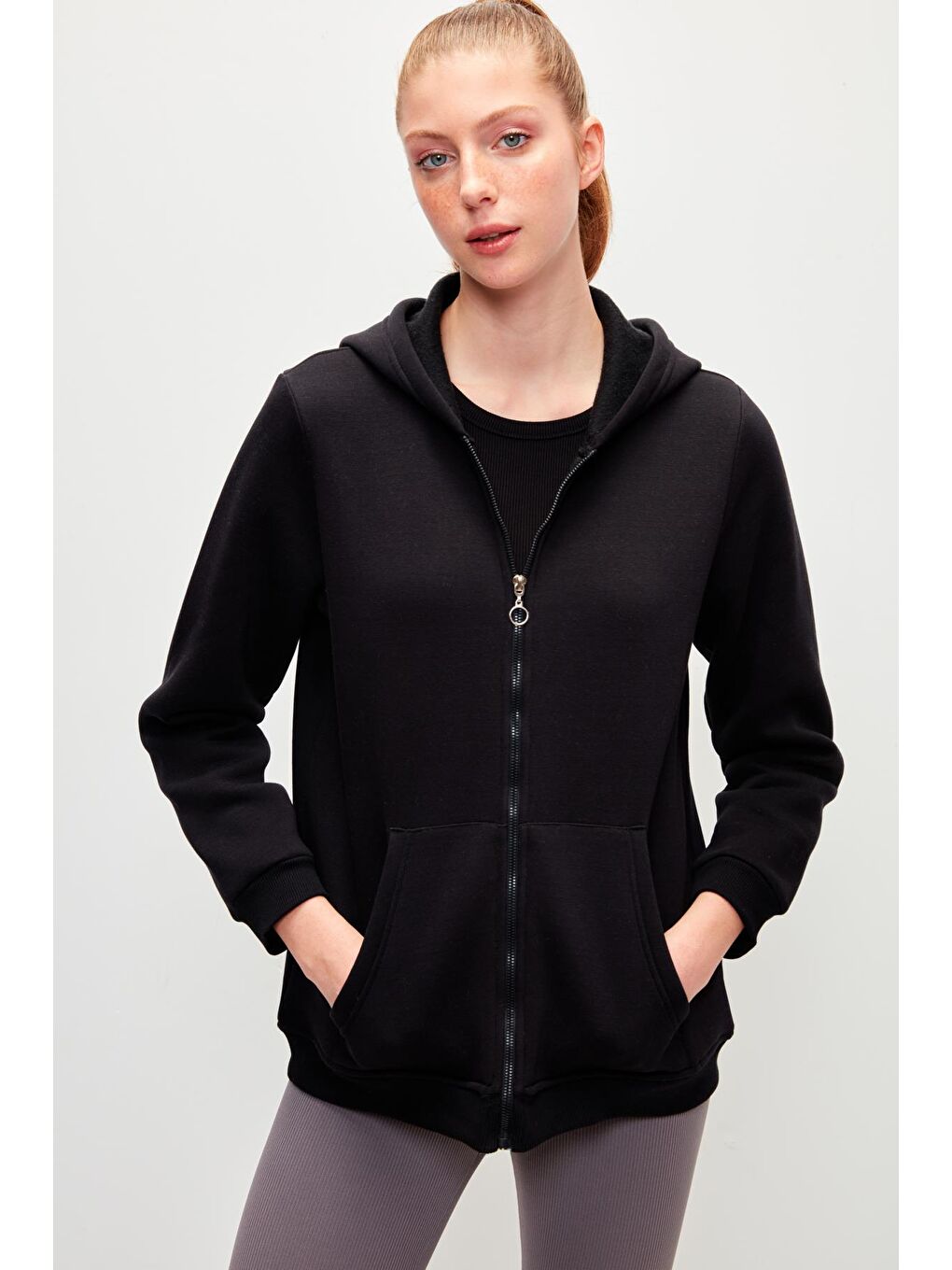 Düz Renk Pamuklu Fermuarlı Kapüşonlu Sweatshirt-Siyah