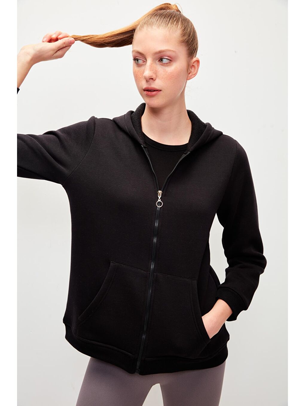 Düz Renk Pamuklu Fermuarlı Kapüşonlu Sweatshirt-Siyah-2