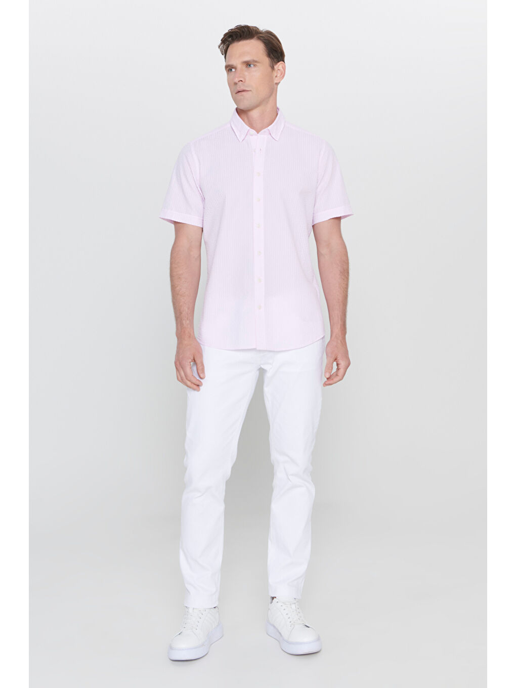 Erkek Pembe Slim Fit Dar Kesim Gizli Düğmeli Yaka %100 Pamuk Gofre Desenli Gömlek-1