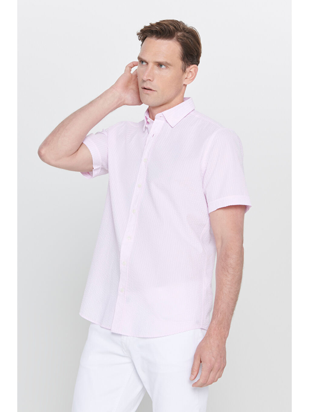 Erkek Pembe Slim Fit Dar Kesim Gizli Düğmeli Yaka %100 Pamuk Gofre Desenli Gömlek-2