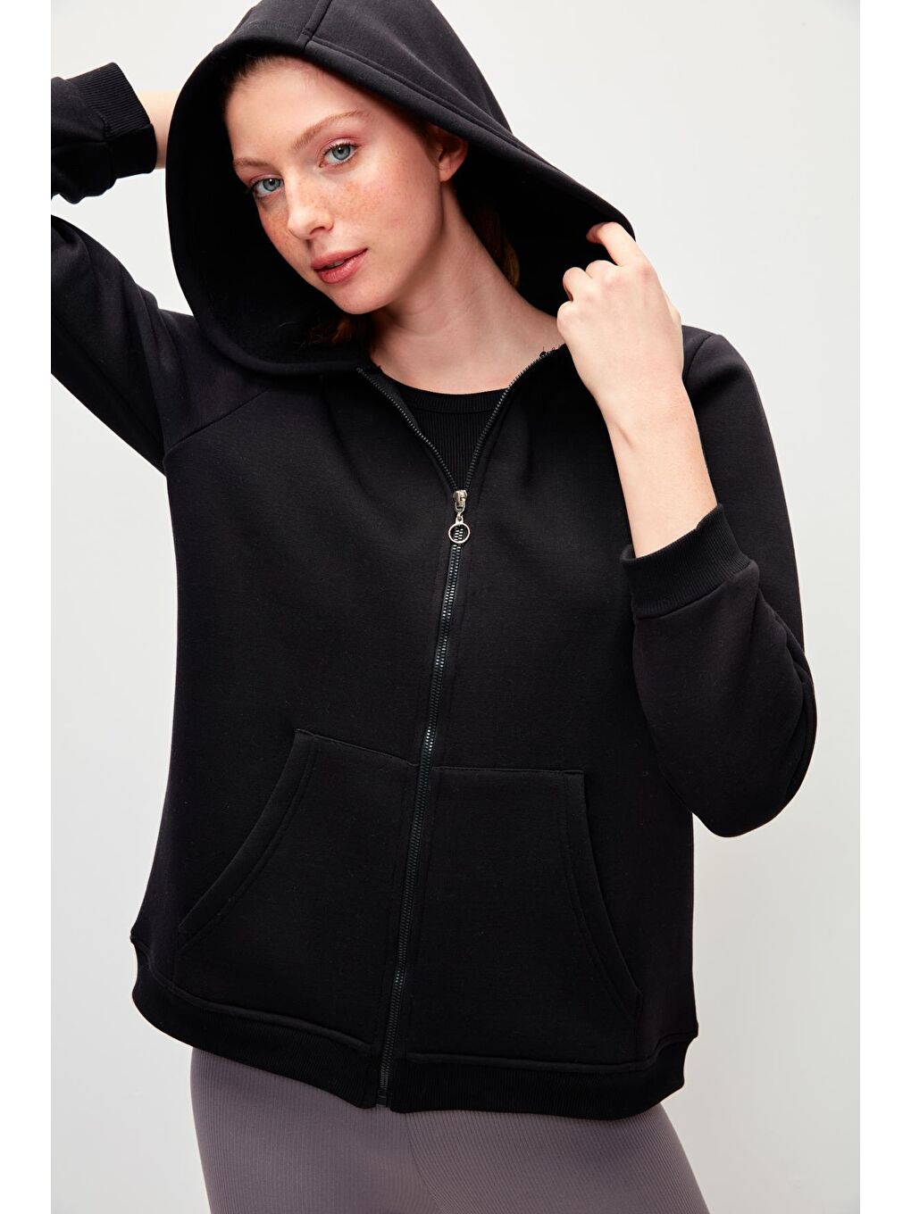 Düz Renk Pamuklu Fermuarlı Kapüşonlu Sweatshirt-Siyah-3