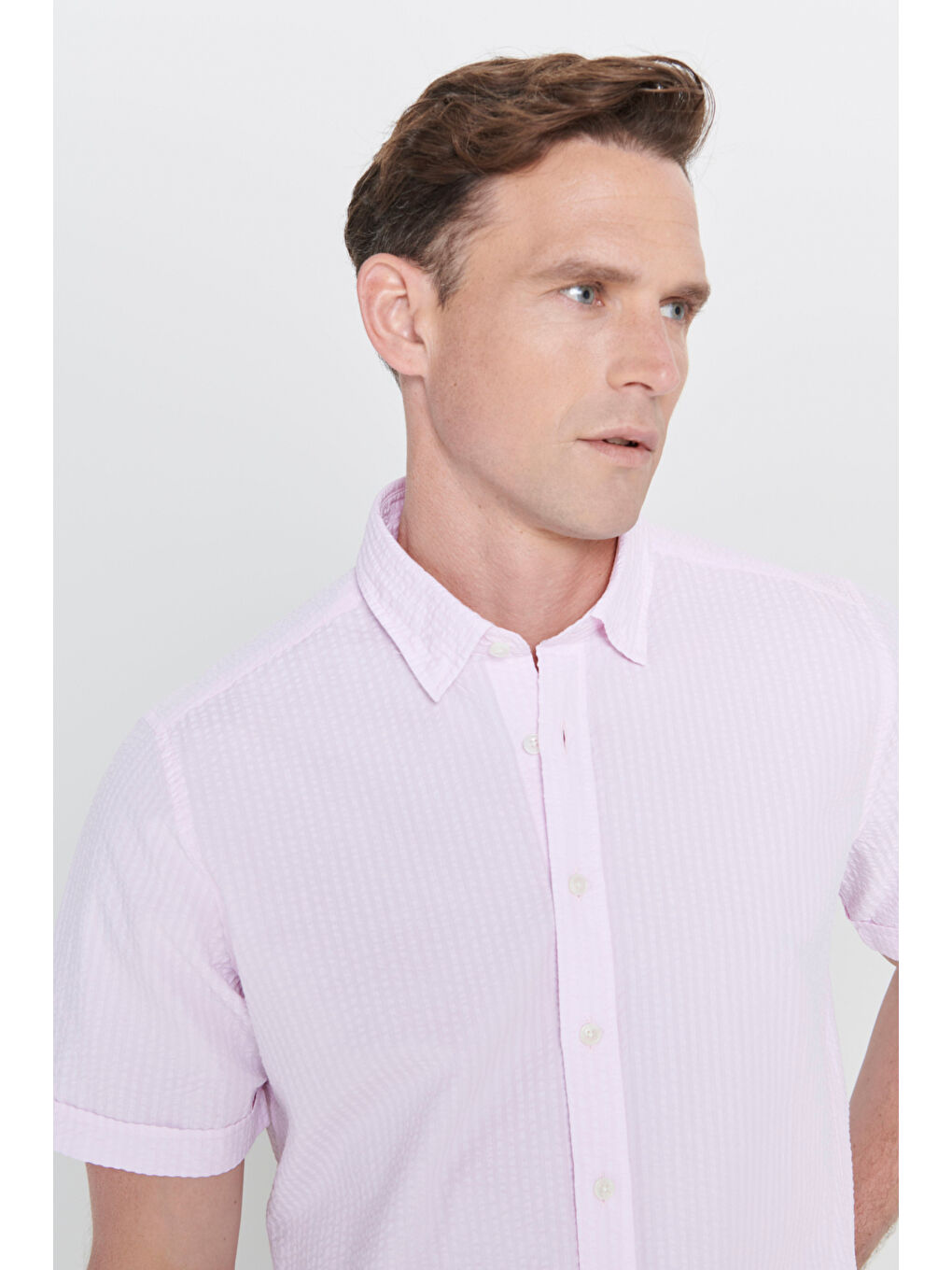 Erkek Pembe Slim Fit Dar Kesim Gizli Düğmeli Yaka %100 Pamuk Gofre Desenli Gömlek-4