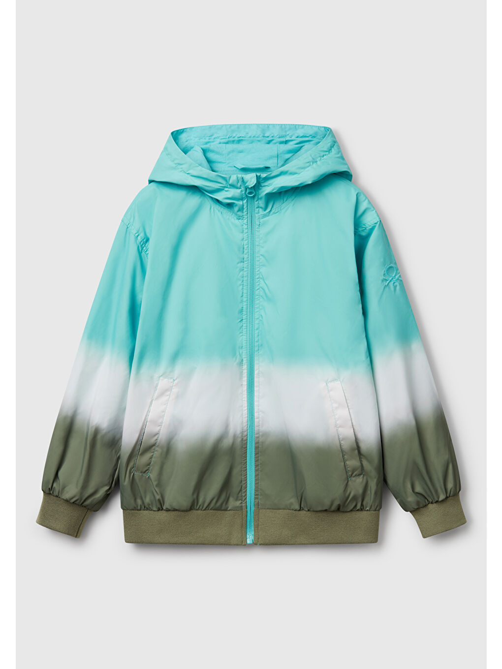 Erkek Çocuk Turkuaz Kolu Logo İşlemeli Fermuarlı Kapüşonlu Yağmurluk
