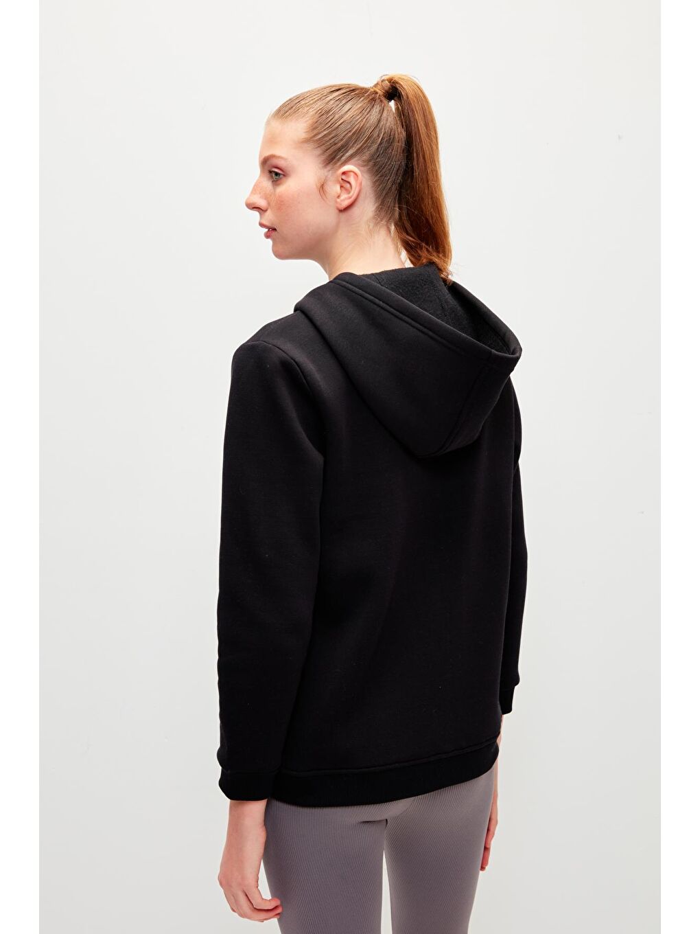 Düz Renk Pamuklu Fermuarlı Kapüşonlu Sweatshirt-Siyah-4