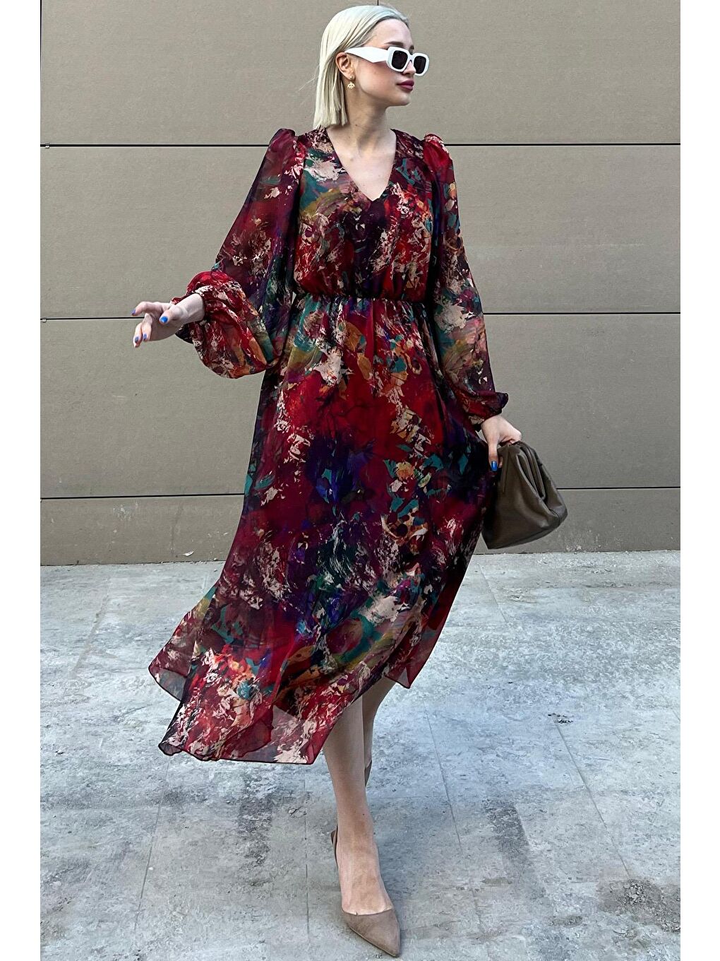 Kırmızı V Yaka Uzun Kollu Desenli Şifon Elbise Mg2072