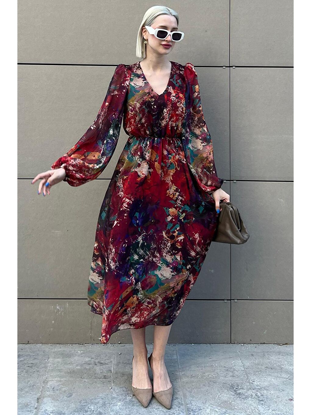 Kırmızı V Yaka Uzun Kollu Desenli Şifon Elbise Mg2072-1