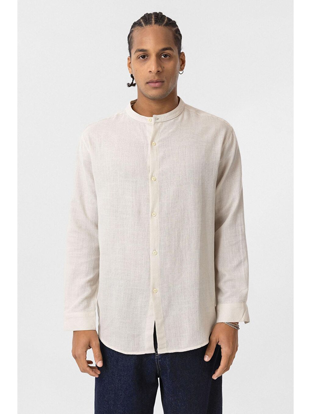 Hakim Yaka Oversize Uzun Kollu Pamuk Keten Gömlek Bej-1