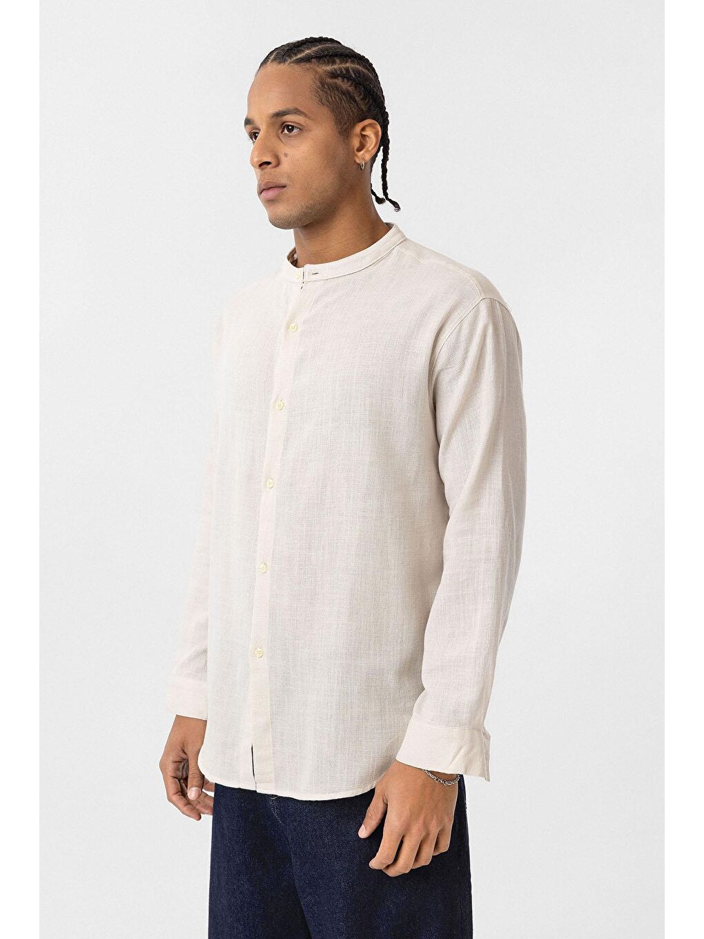 Hakim Yaka Oversize Uzun Kollu Pamuk Keten Gömlek Bej-2