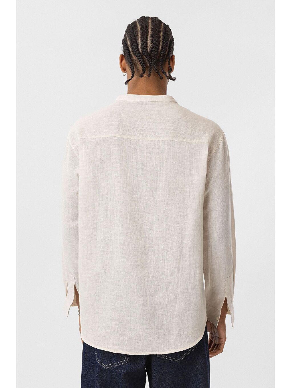 Hakim Yaka Oversize Uzun Kollu Pamuk Keten Gömlek Bej-3