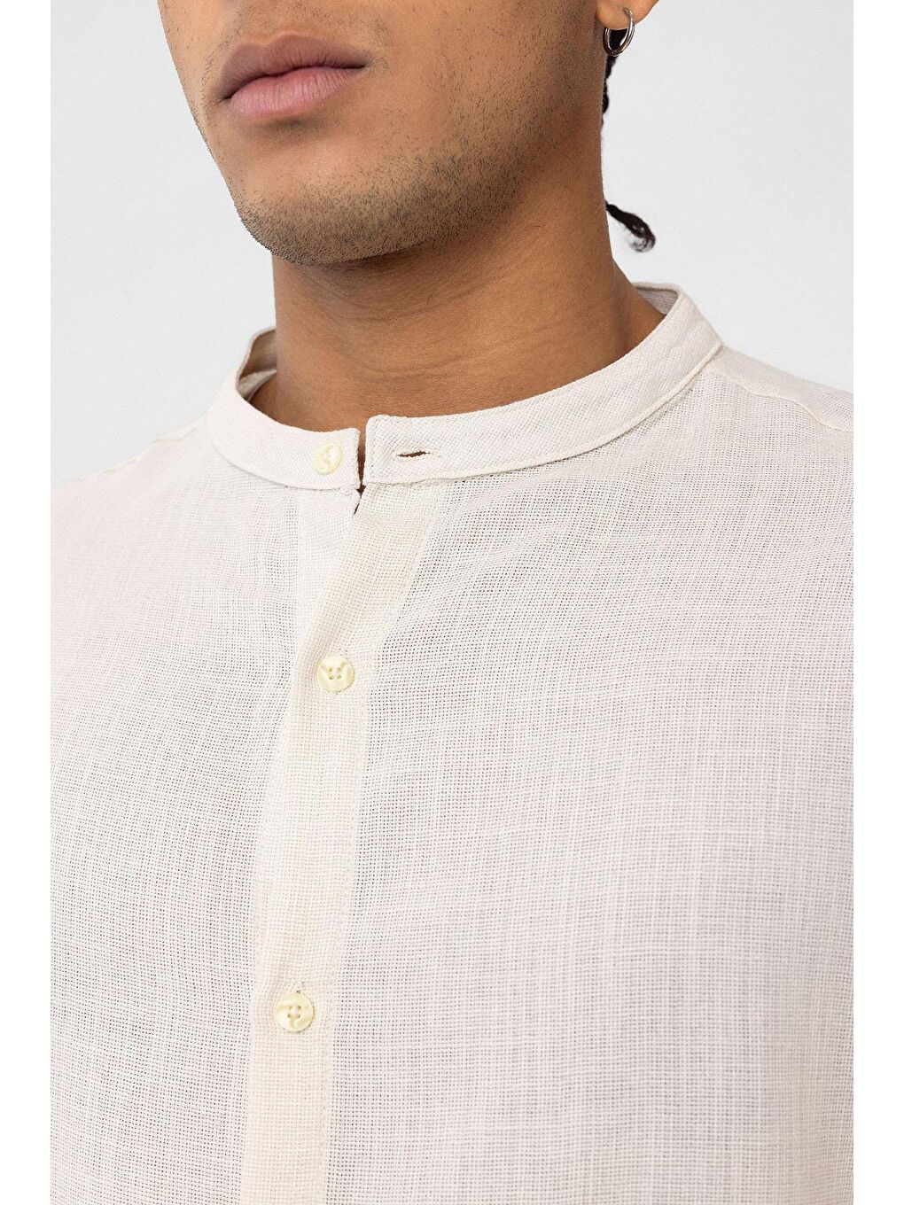 Hakim Yaka Oversize Uzun Kollu Pamuk Keten Gömlek Bej-4