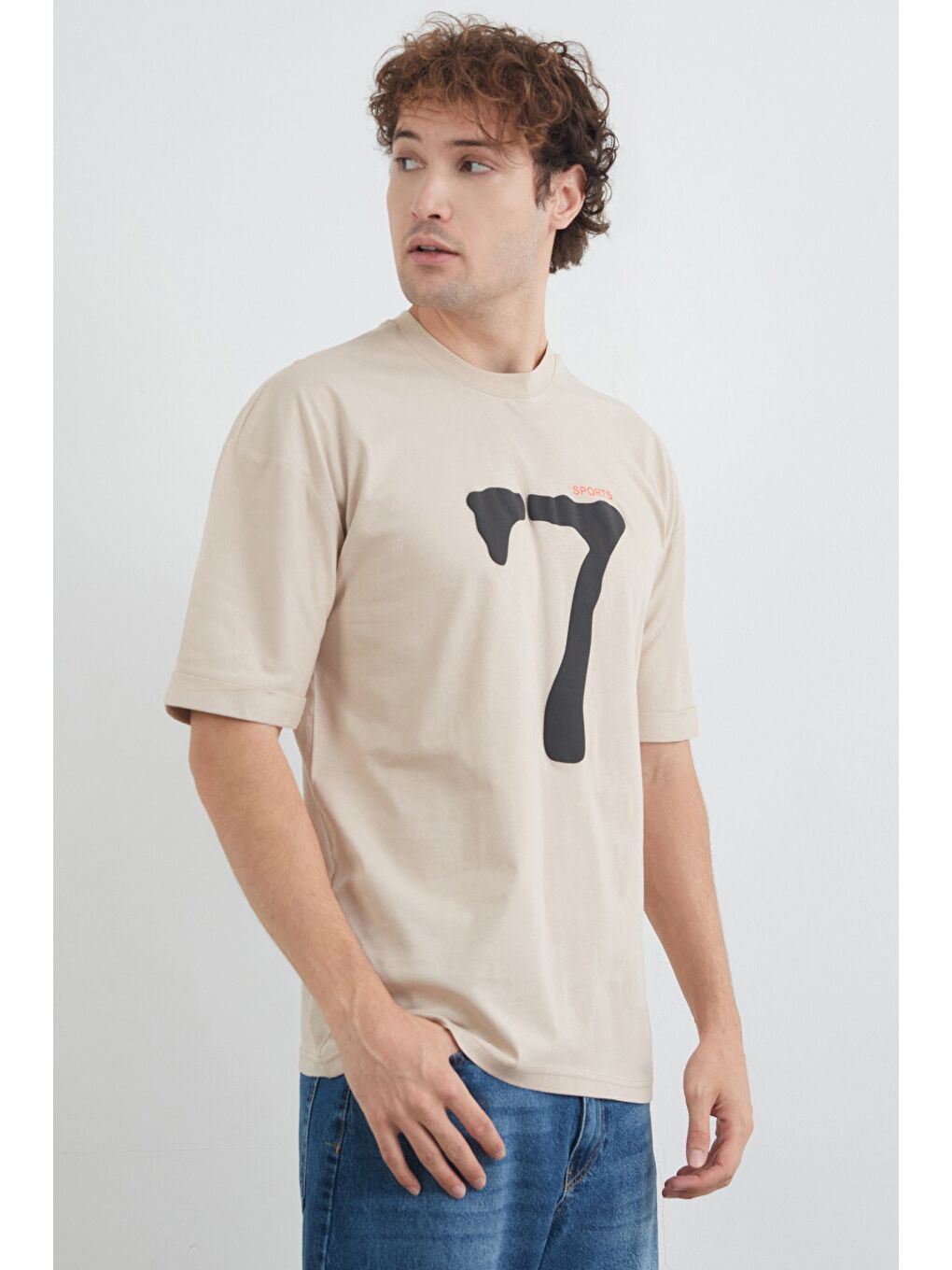 Bej Sports 7 Baskılı Oversize Tişört
