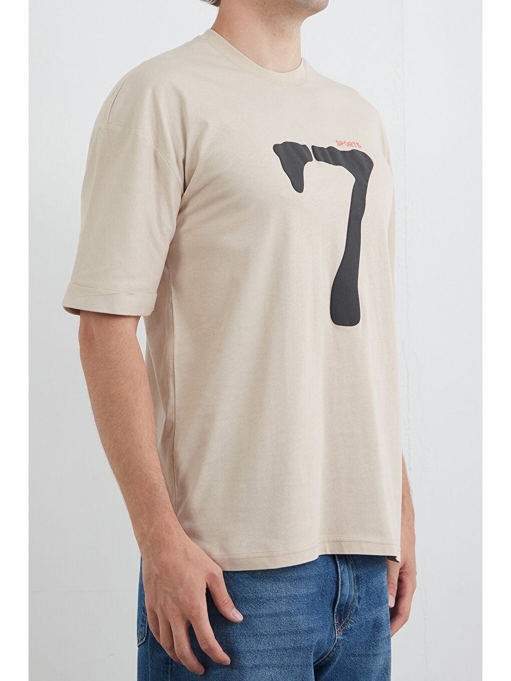 Bej Sports 7 Baskılı Oversize Tişört-2