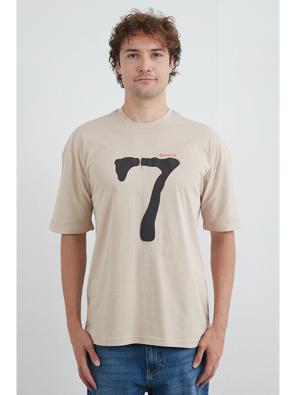 Bej Sports 7 Baskılı Oversize Tişört-3