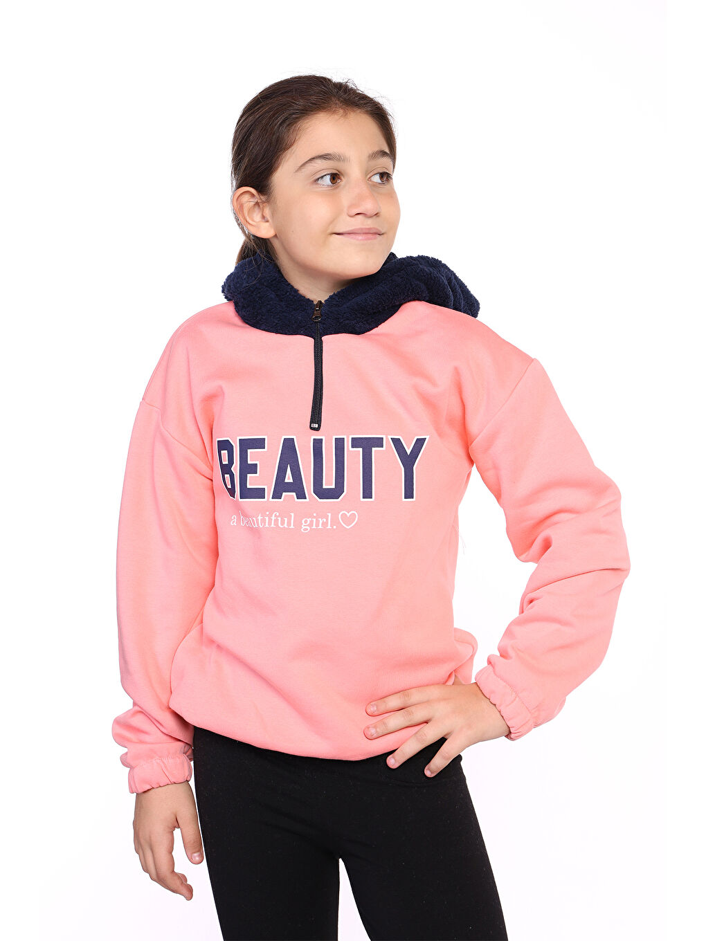 Pembe Kız Çocuk Kapüşonlu Baskılı Sweatshirt