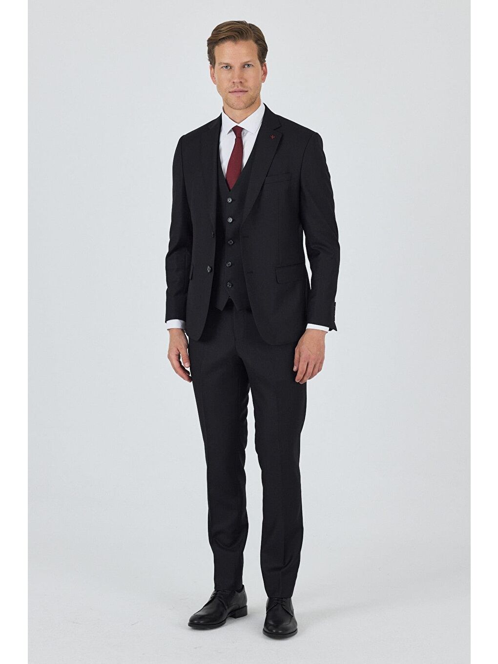 Siyah Düz Filafil Mono Yaka Tam Astar Yelekli 6 Drop Slim Fit Takım Elbise 1001250171-1