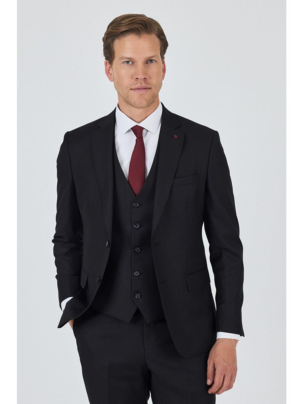 Siyah Düz Filafil Mono Yaka Tam Astar Yelekli 6 Drop Slim Fit Takım Elbise 1001250171-2