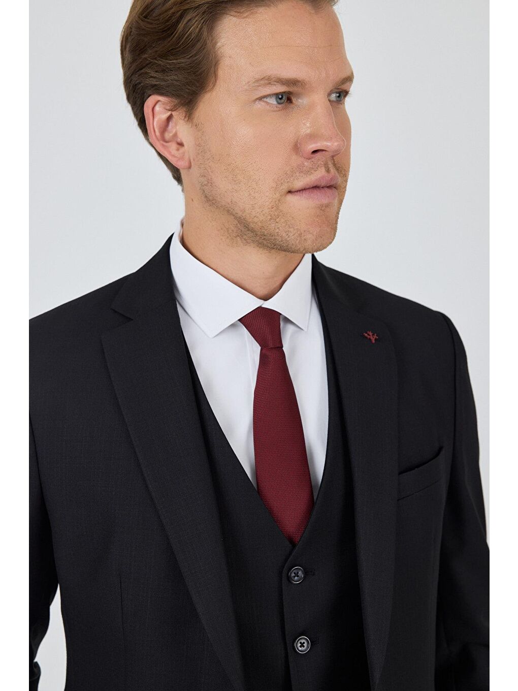 Siyah Düz Filafil Mono Yaka Tam Astar Yelekli 6 Drop Slim Fit Takım Elbise 1001250171-3