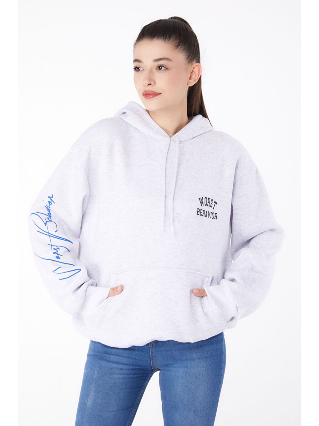 TOFİSA Düz Kapüşonlu Yaka Kadın Gri Baskılı Sweatshirt   26279