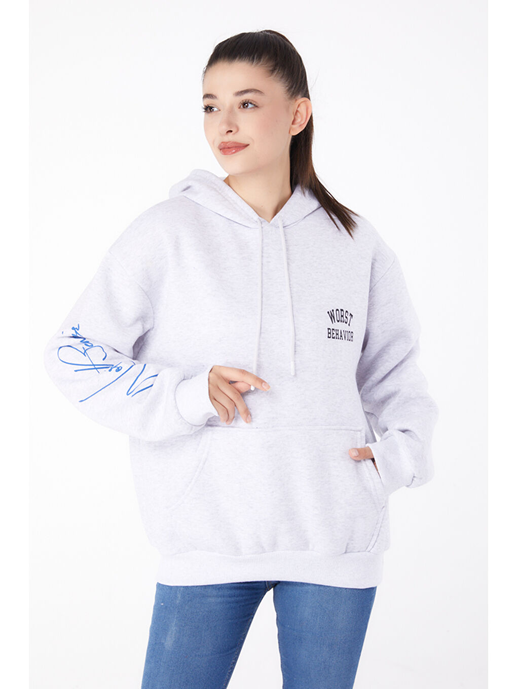 TOFİSA Düz Kapüşonlu Yaka Kadın Gri Baskılı Sweatshirt   26279 - 1