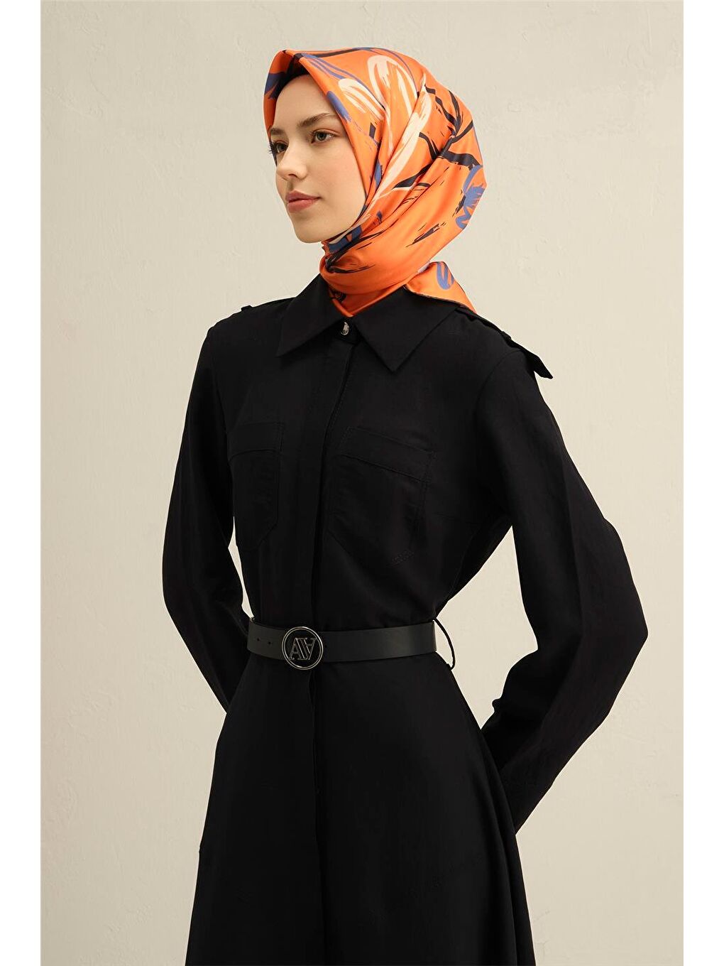 Turuncu Soyut Desenli Saf İpek Sura Eşarp 9322 38