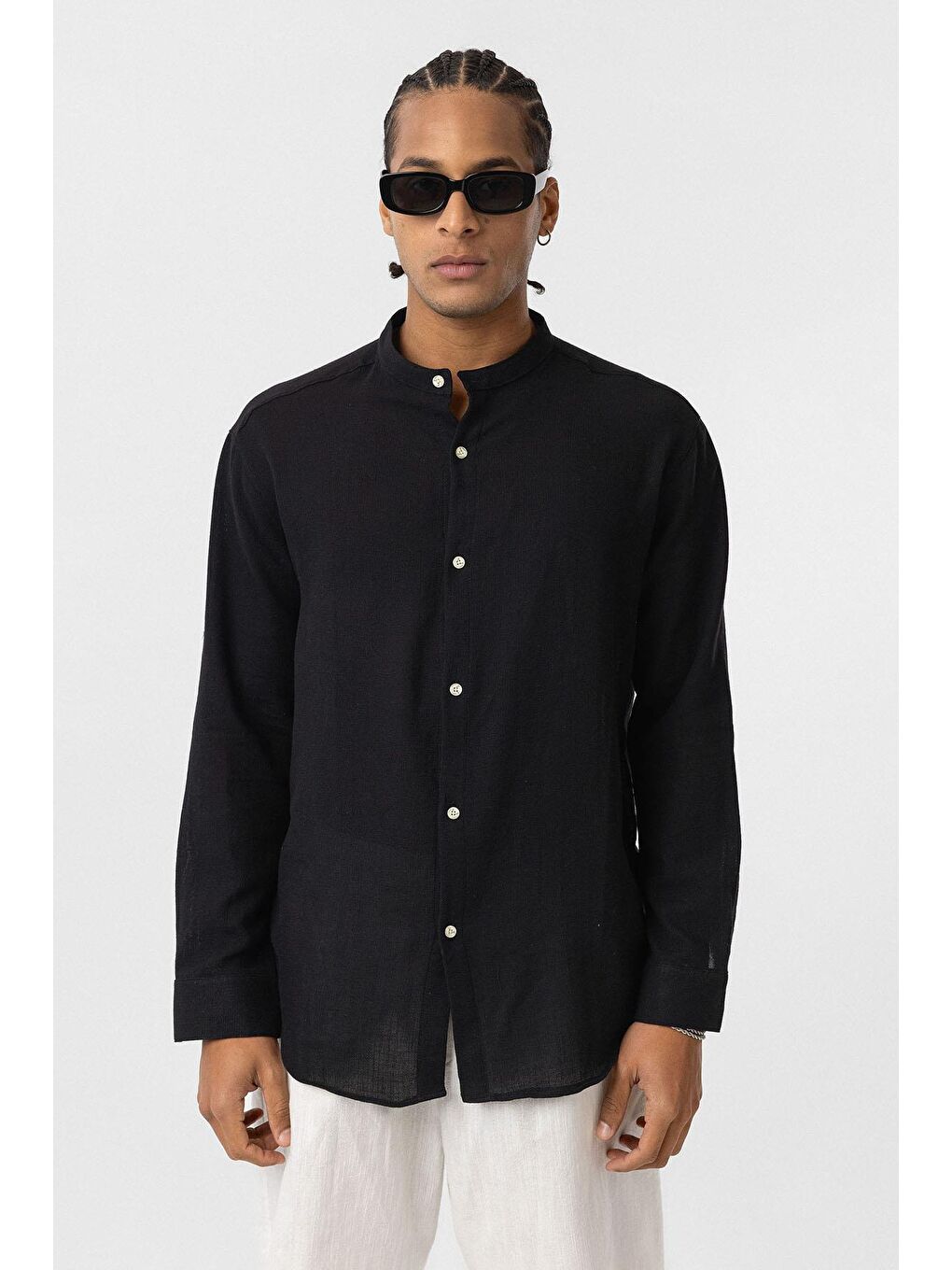 Hakim Yaka Oversize Uzun Kollu Pamuk Keten Gömlek Siyah-1
