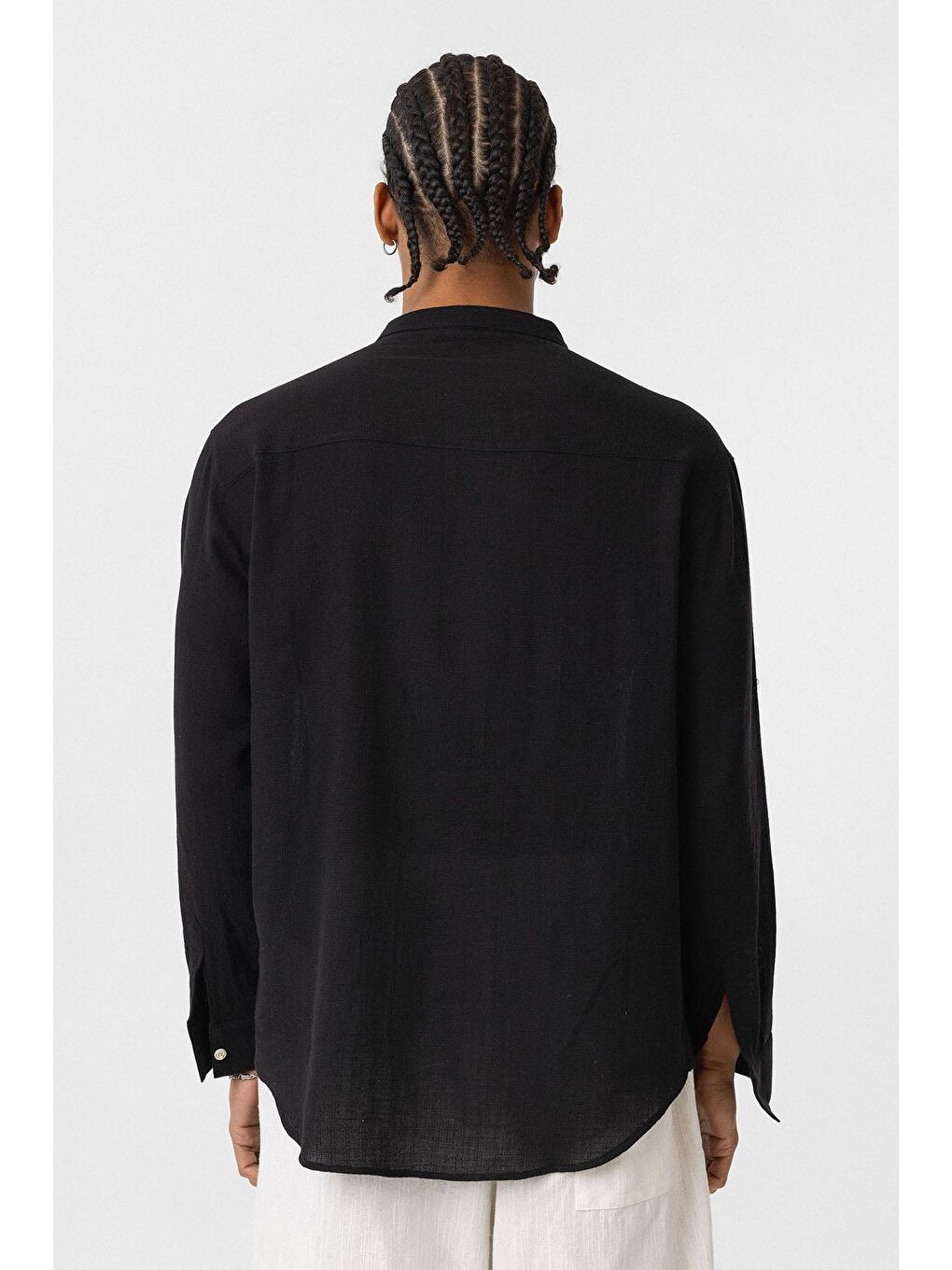 Hakim Yaka Oversize Uzun Kollu Pamuk Keten Gömlek Siyah-3
