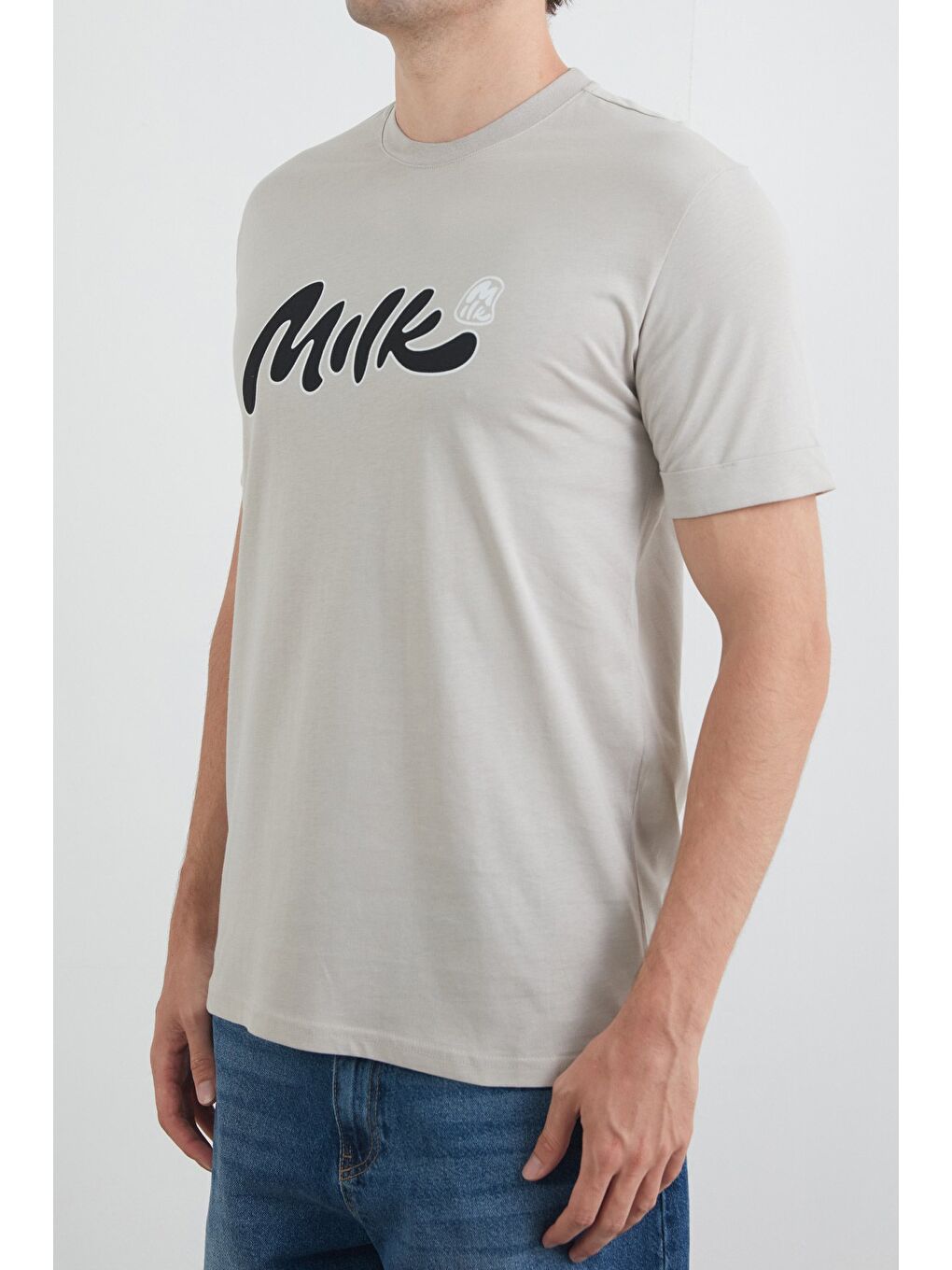 Gri Milk Baskılı Bisiklet Yaka Tişört-4