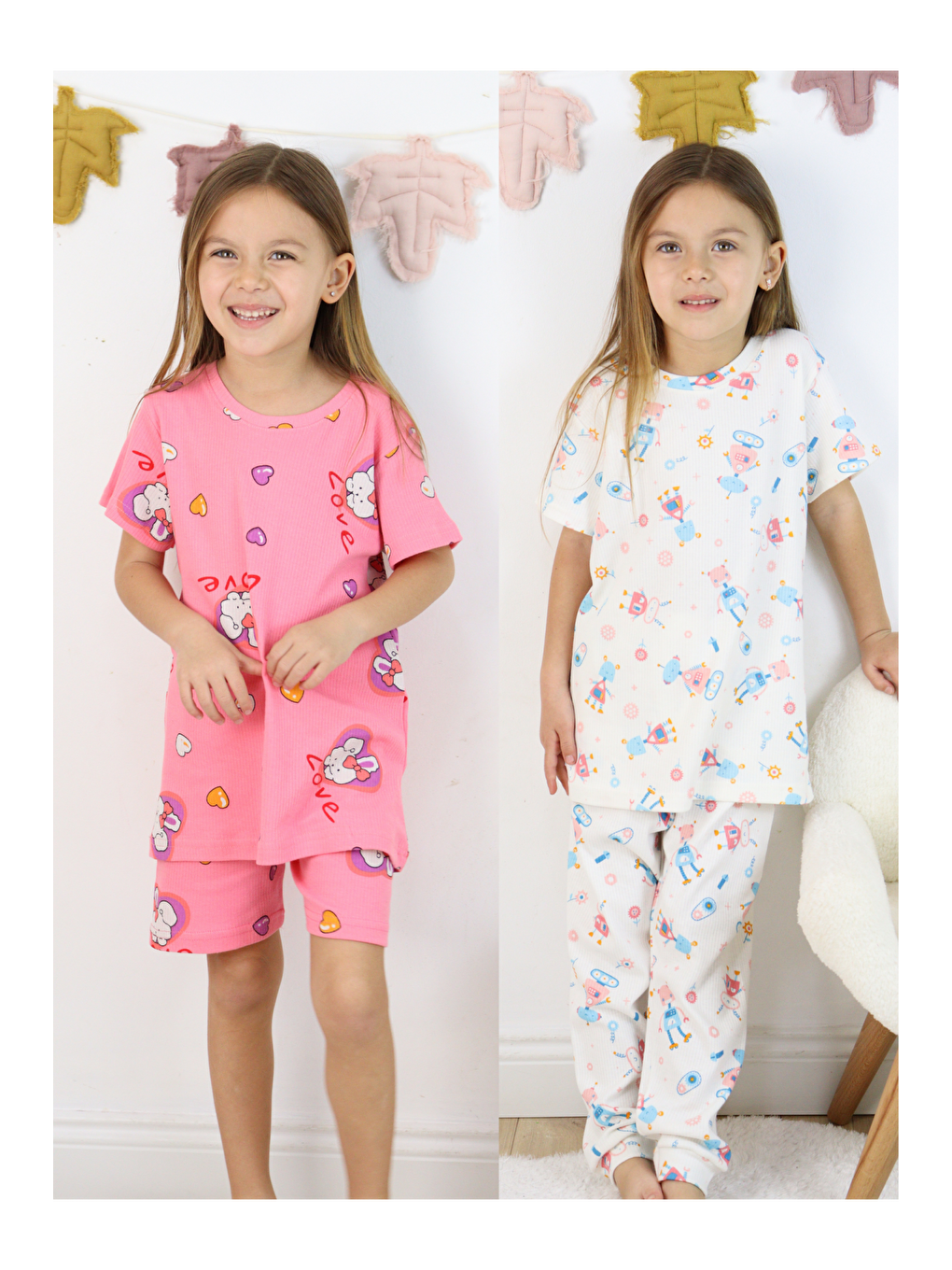 Beyaz Kız Çocuk Pamuklu Penye Kumaş 2'li Paket Pijama Takımı (2 Takım)