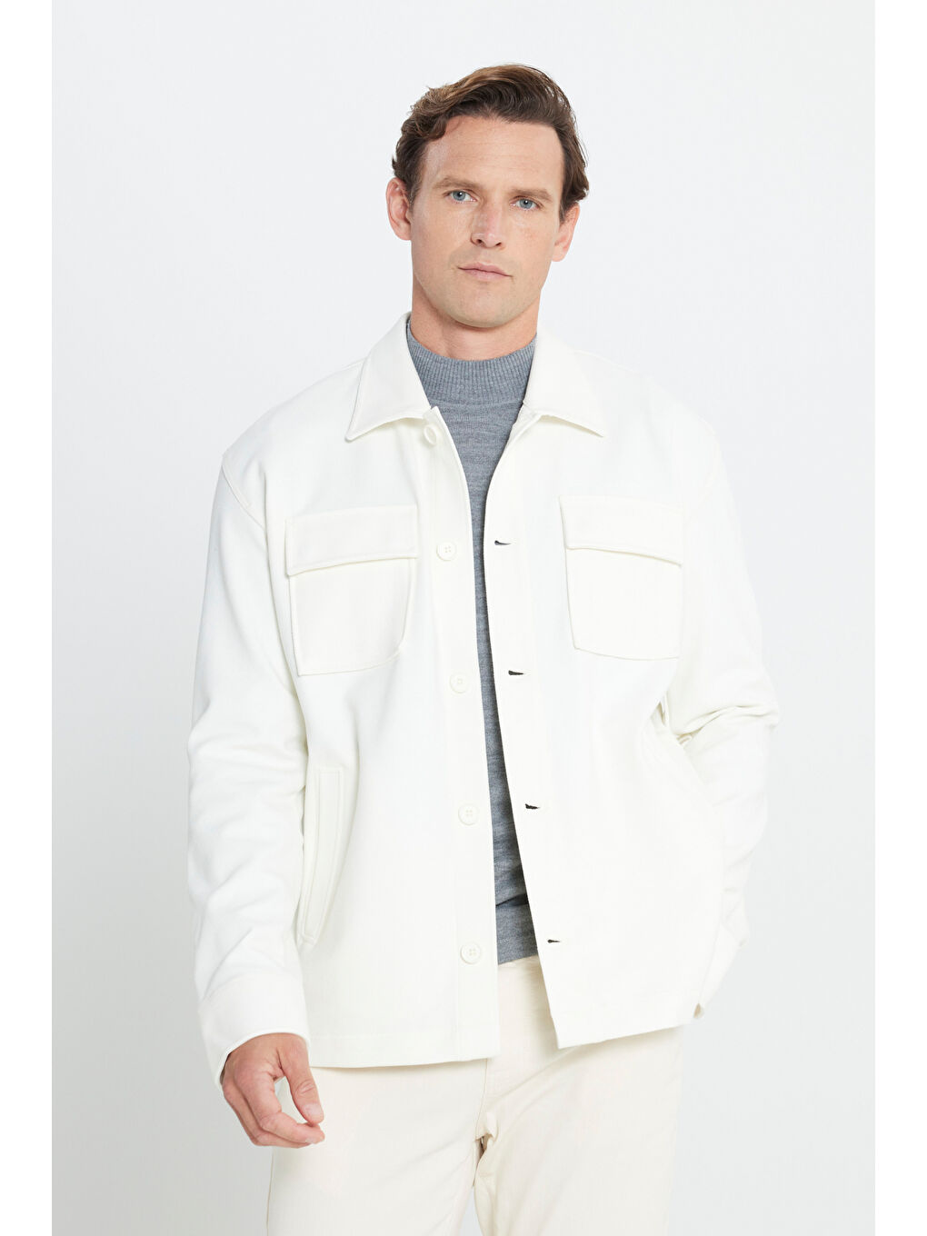 Erkek Ekru Oversize Fit Bol Kesim Klasik Yaka Pamuklu Desenli Gömlek Ceket