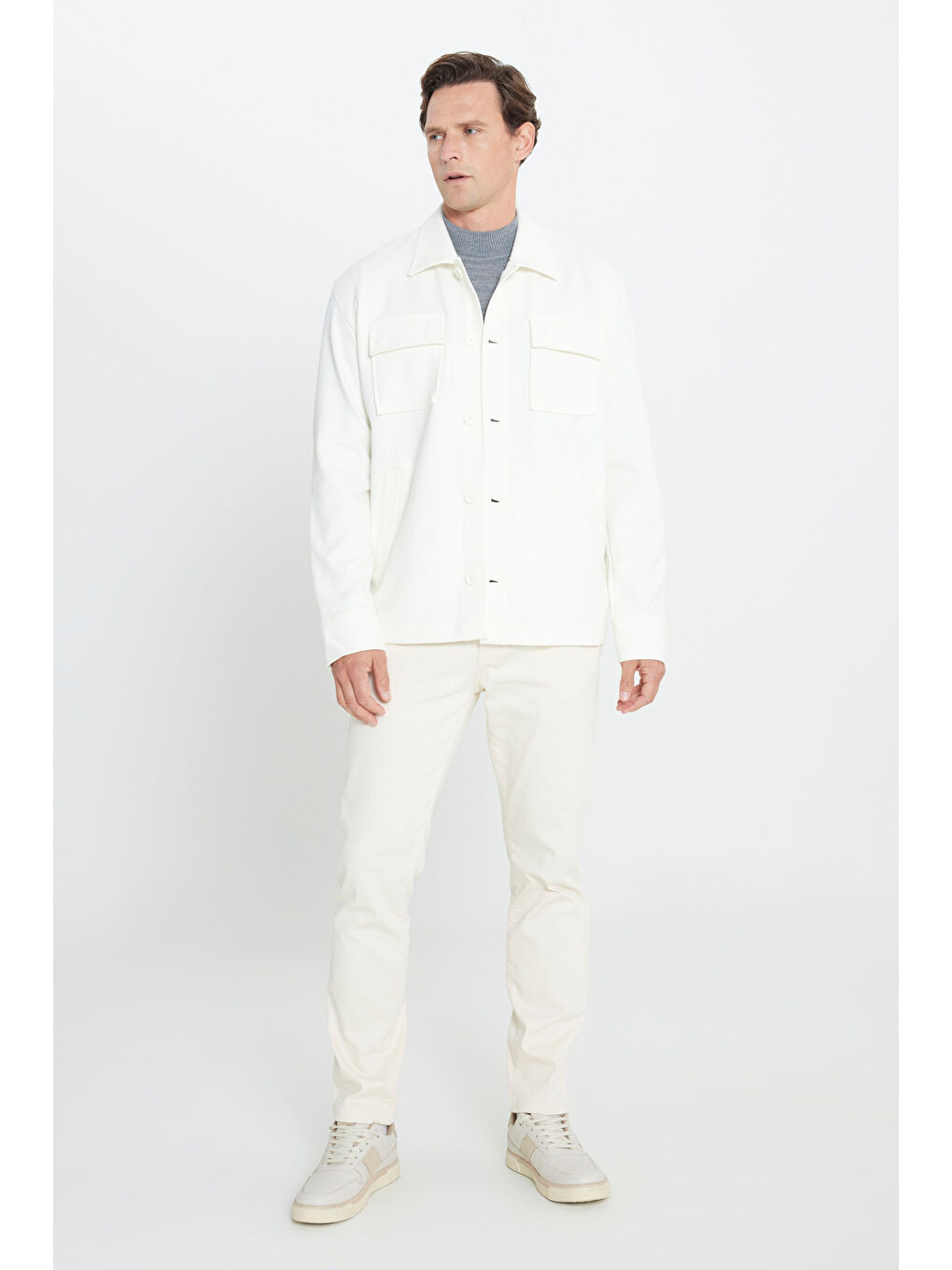Erkek Ekru Oversize Fit Bol Kesim Klasik Yaka Pamuklu Desenli Gömlek Ceket-1