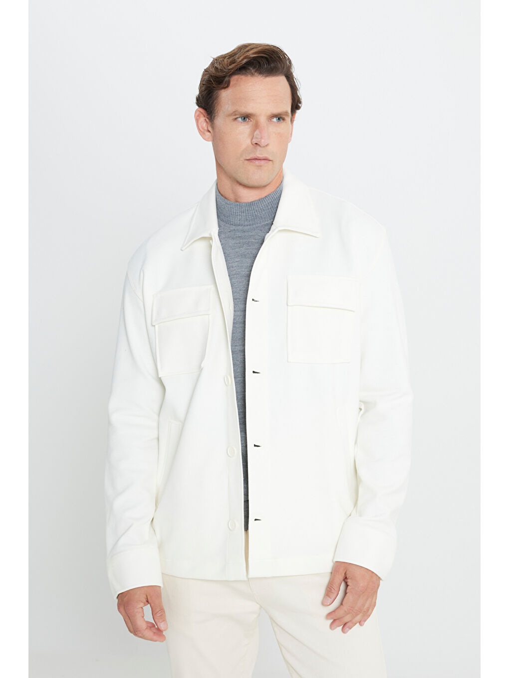 Erkek Ekru Oversize Fit Bol Kesim Klasik Yaka Pamuklu Desenli Gömlek Ceket-2