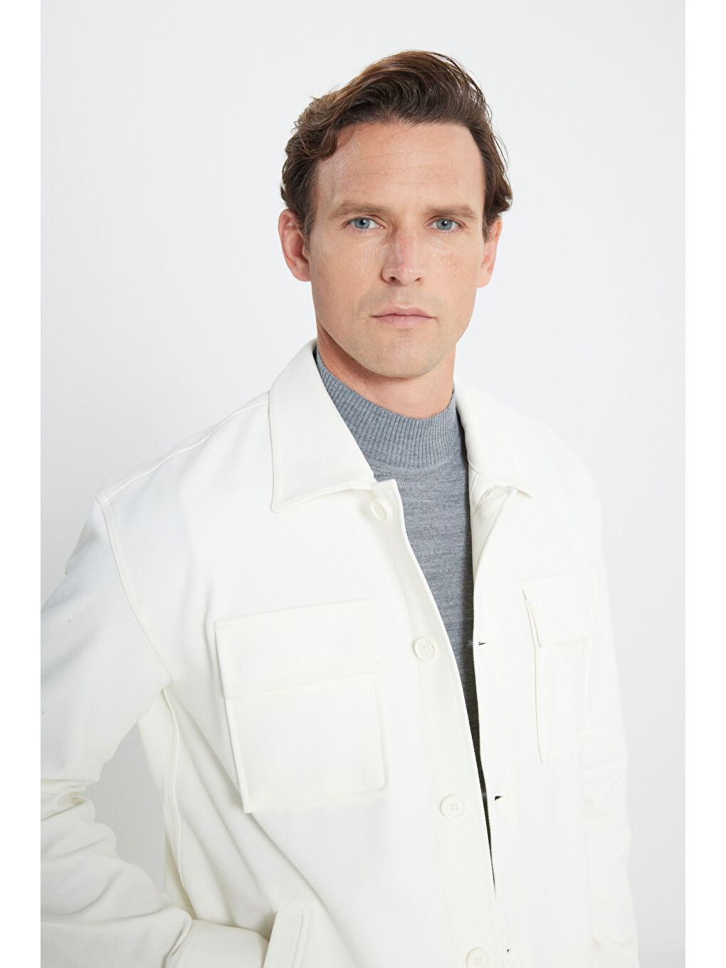 Erkek Ekru Oversize Fit Bol Kesim Klasik Yaka Pamuklu Desenli Gömlek Ceket-3