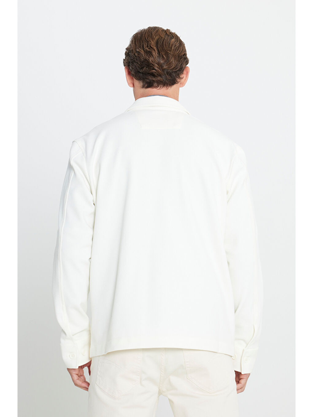 Erkek Ekru Oversize Fit Bol Kesim Klasik Yaka Pamuklu Desenli Gömlek Ceket-4