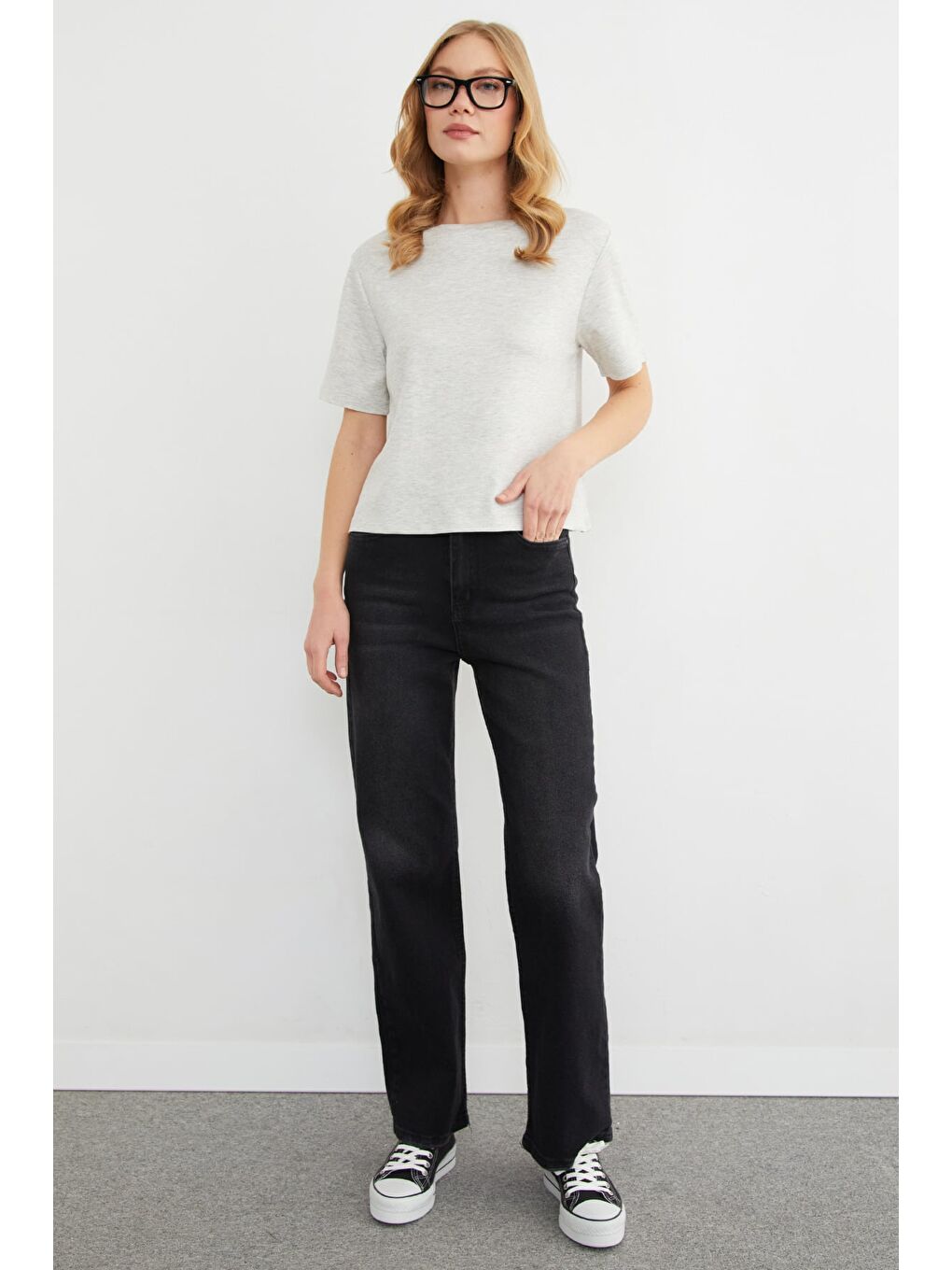 Gri Basic Bisiklet Yaka Modal Tişört-2