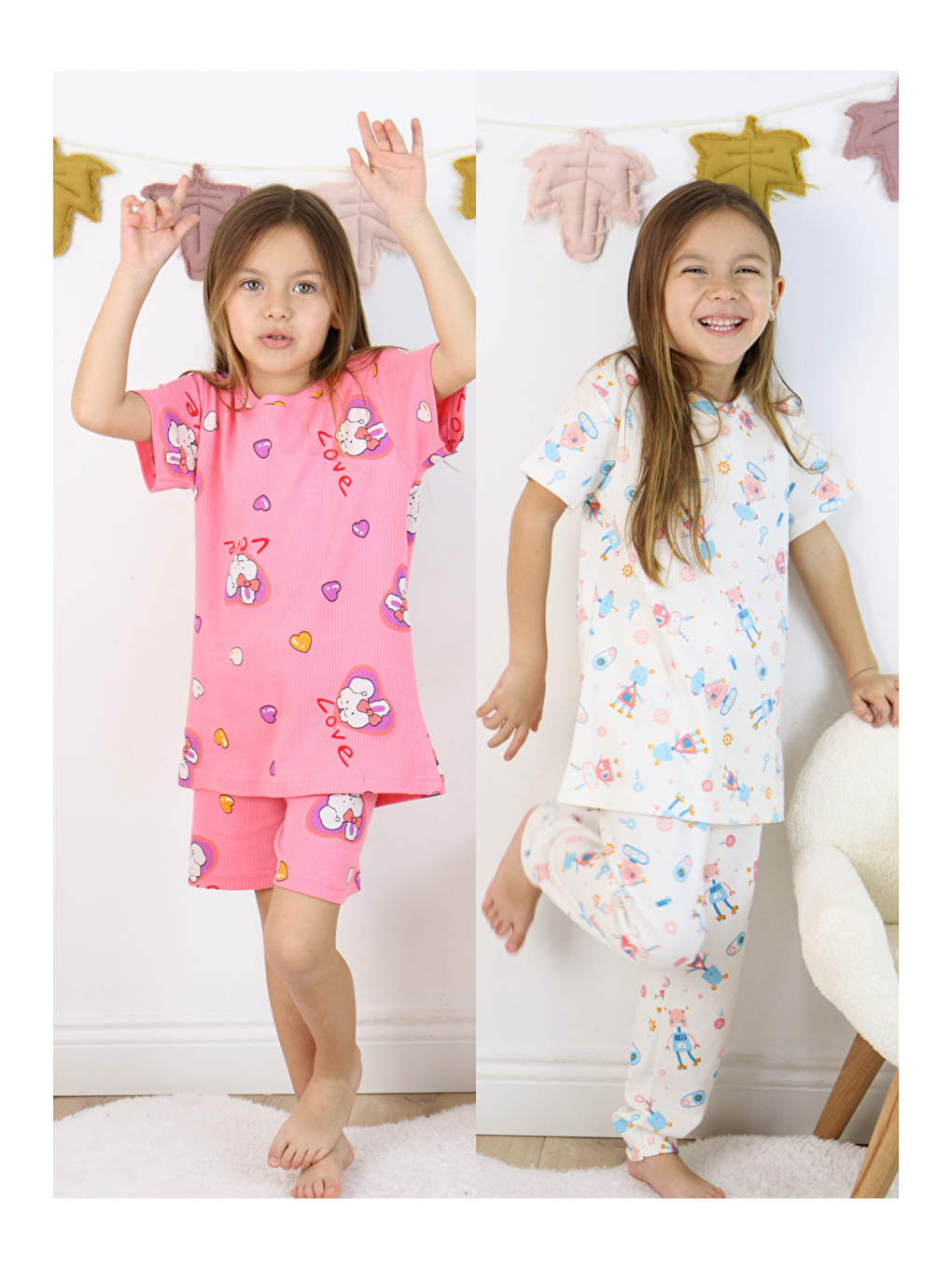 Beyaz Kız Çocuk Pamuklu Penye Kumaş 2'li Paket Pijama Takımı (2 Takım)-1