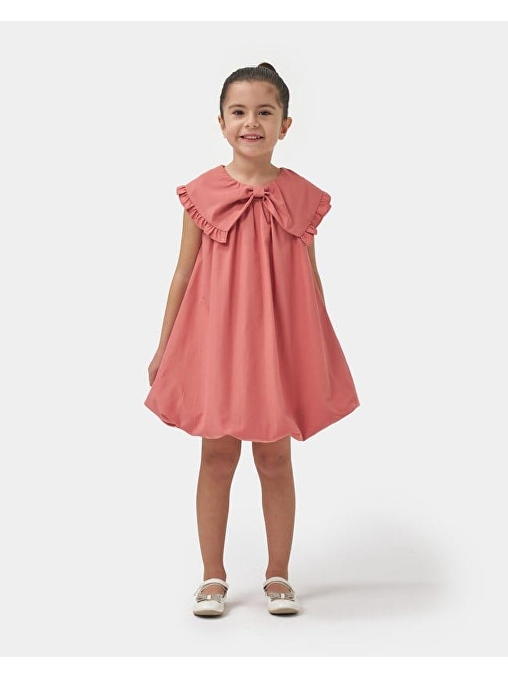Pembe Kız Çocuk Pamuklu Gül Kurusu Fırfır Yakalı Elbise-1