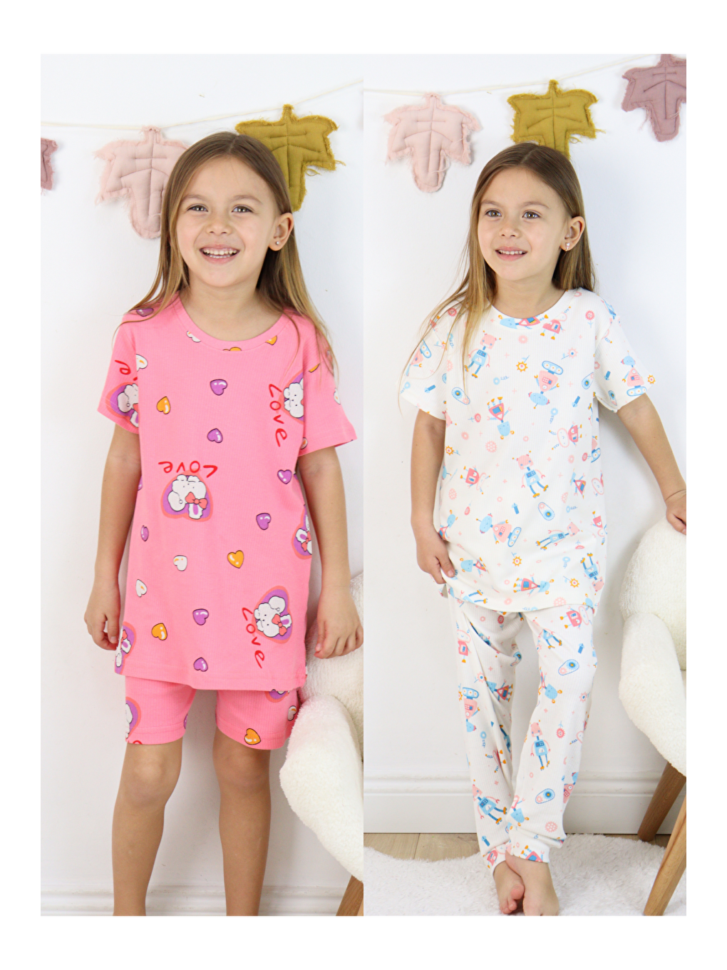 Beyaz Kız Çocuk Pamuklu Penye Kumaş 2'li Paket Pijama Takımı (2 Takım)-2