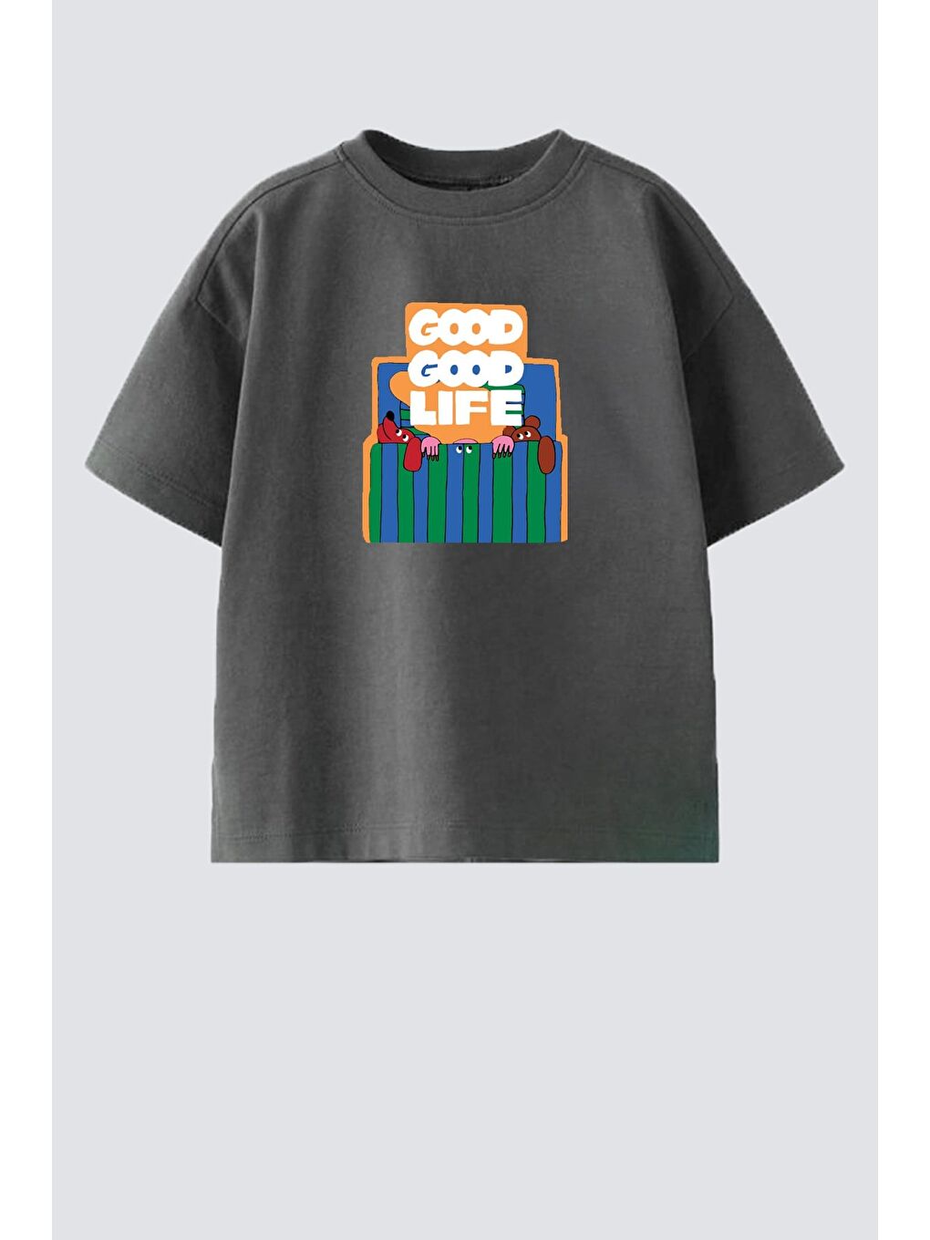 Antrasit Erkek Çocuk Pamuklu Bisiklet Yaka Baskılı T-Shirt