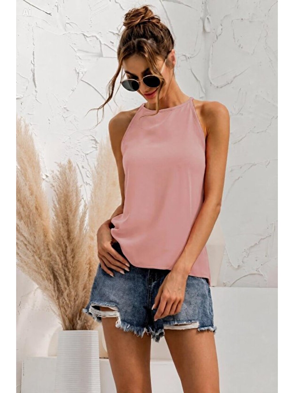 Pembe Kadın Sırtı Damla Detay Kolsuz Atlet Bluz-2