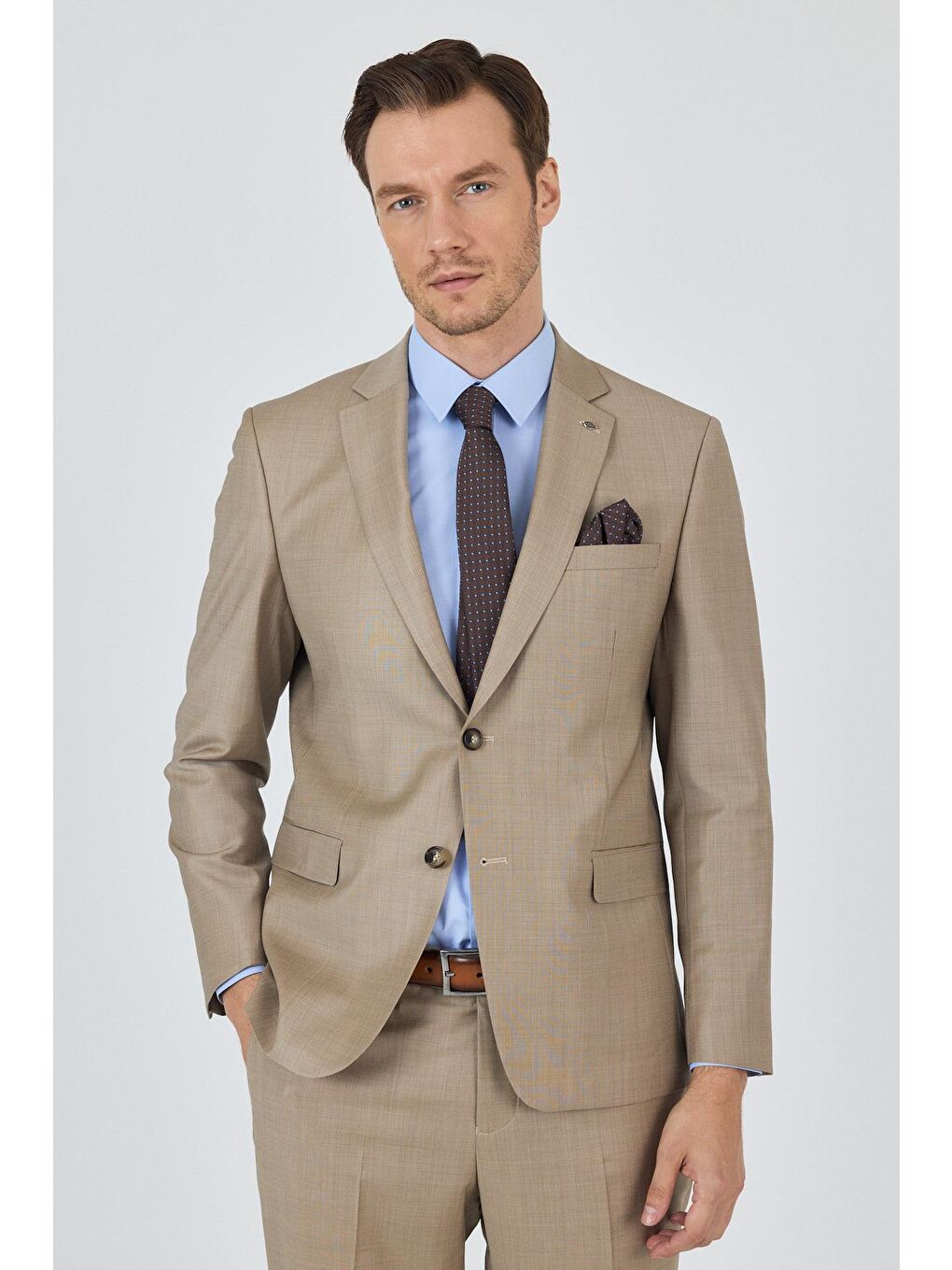 Bej Mono Yaka Düz 2 Düğme Classic Yünlü Slim Fit Takım Elbise 1001250175