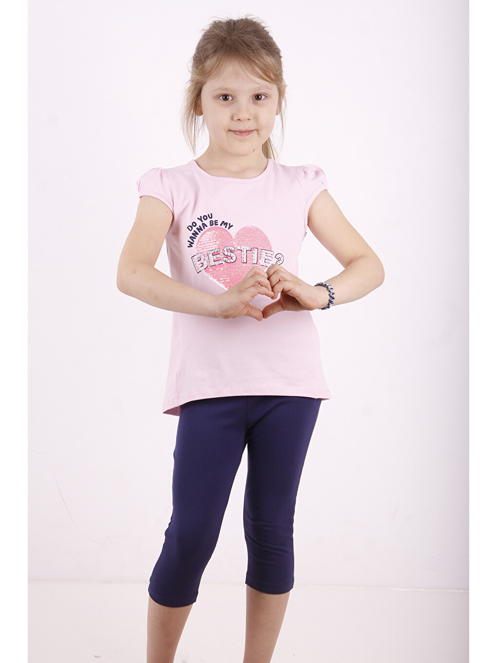 Pembe Kız Bestie Baskılı Pul İşlemeli Taytlı Takım